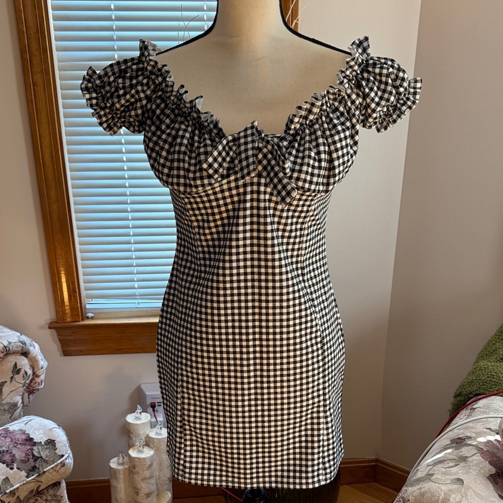 Missguided Black & White Gingham Ruffle Off-Shoulder Mini Dress